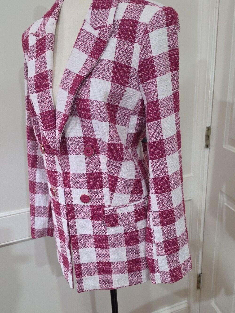 Liz Claiborne Pink & White Check Double-Breasted Tweed Blazer- Size 12 - Picture 4 of 11